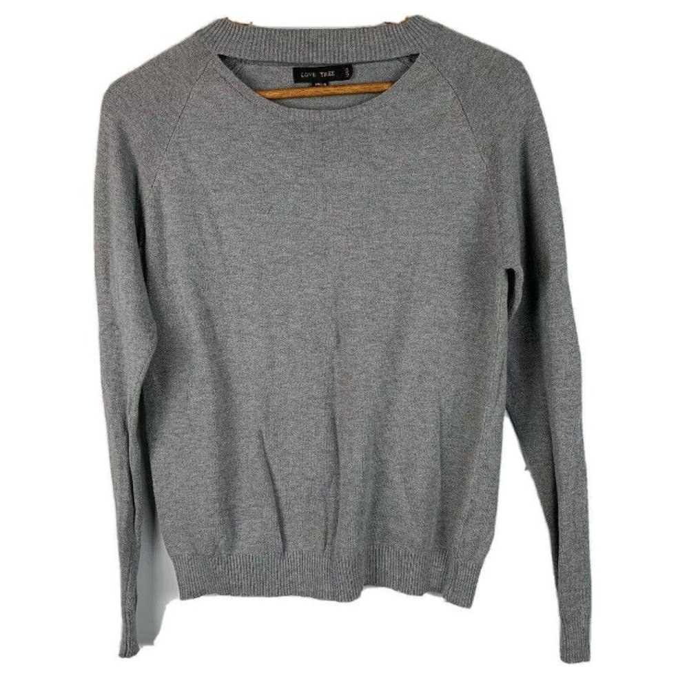 Love Tree Women’s Size Large Long Sleeve Crewneck Peep Sweater Solid Gray Knit